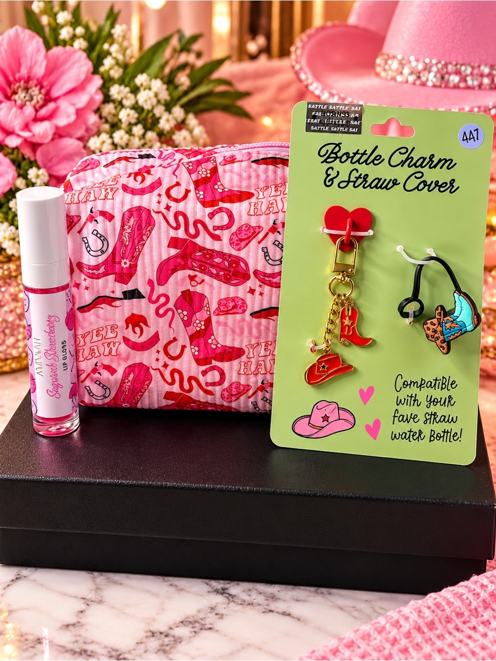 Aminnah Sugared Strawberry Lip Gloss, Pink Cowgirl Pouch and Charm Set